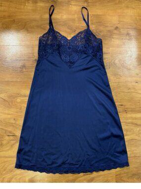 VTG Adonna Full Slip Sz 34 Navy Lace Trim Nylon Light Sleepwear USA